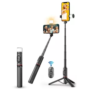   Q12s - Tripod és szelfi bot - kivehető Bluetooth távirányító | 750mm hossz | LED világítás és vaku | erős alumínium szár - fekete