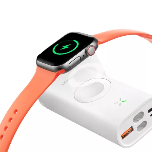 VEGER W1162S MagFan hordozható akkumulátor - 10000 mAh, beépített kábel és Apple Watch és minden QI eszköz töltésére, fehér