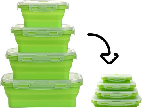 Összecsukható élelmiszertároló doboz készlet - 4db-os, Szilikonból készült, összecsukható. Légmentesen zár, mikrózható, BPA mentes - Zöld