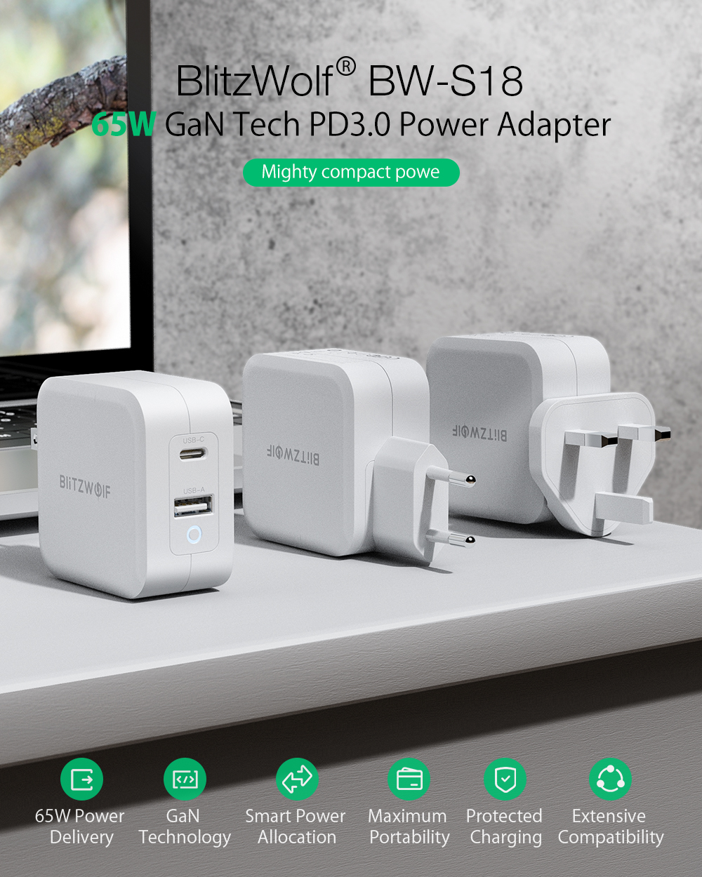 BlitzWolf® BW-S18: GaN Tech Quick Charger PD3.0