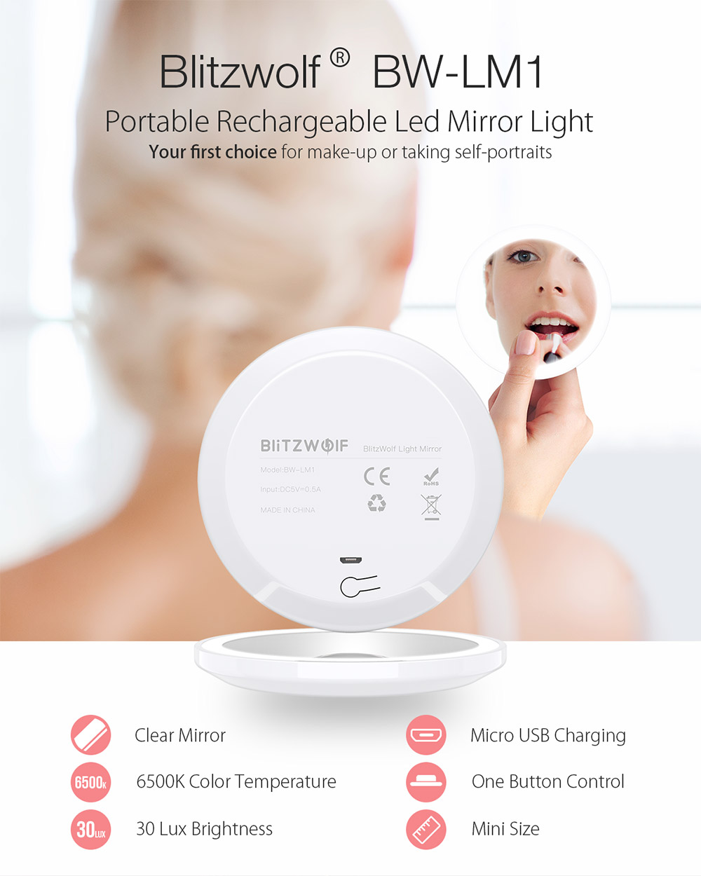 BlitzWolf® BW-LM1 - pipere tükör világítással