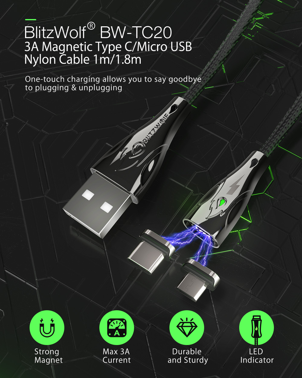 Blitzwolf BW-TC20 Type C kábel mágneses, levető fejű USB kábel